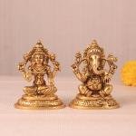 Brass Superfine Ganesha and Lakshmi Idol Pair - 4" Height